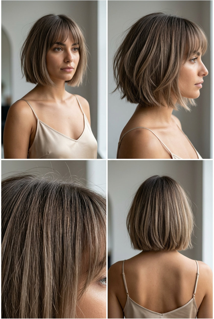 short textured french bob with mushroom bronde and smoky root melt, internal layers — minimalist chic