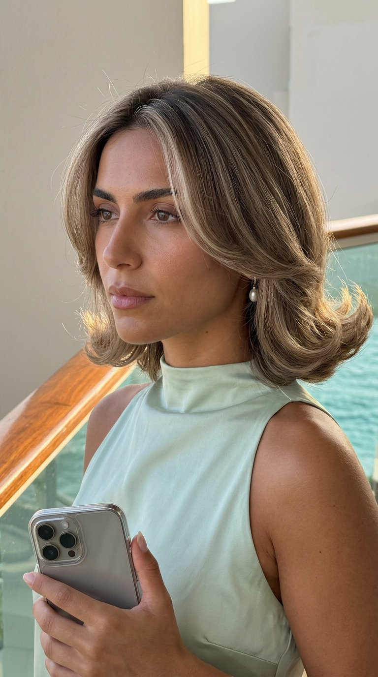 short layered bob voluminous 90s flip with mushroom bronde, cool beige undertones for retro glamour