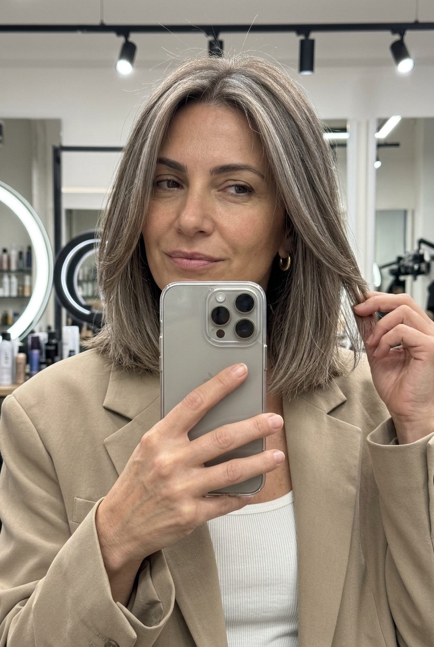 Mushroom Bronde Lob: Scandi-Chic 2026 shoulder-length lob haircut with mushroom bronde & ash brown tones, soft invisible layers, no bangs — minimalist & chic