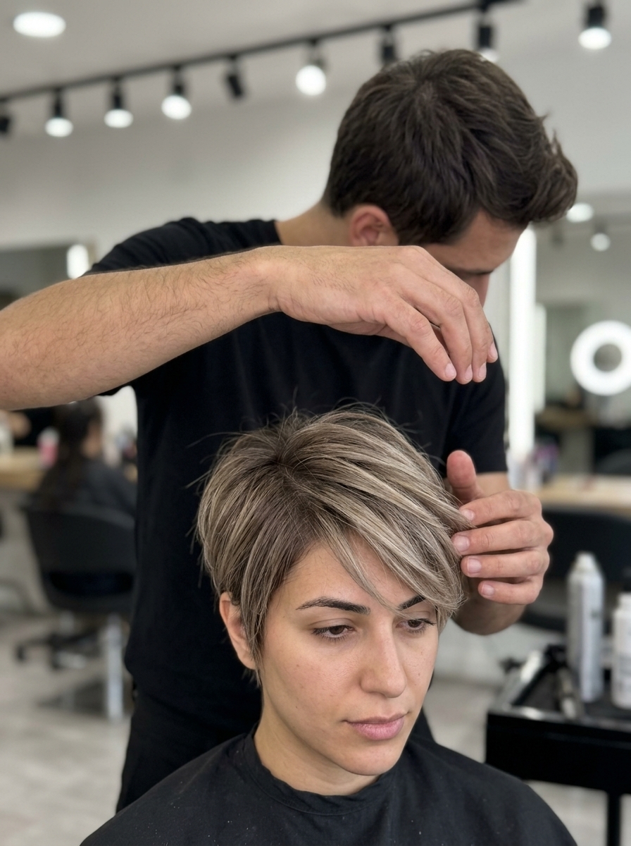 very short pixie haircut with mushroom bronde balayage and textured layers for summer 2026