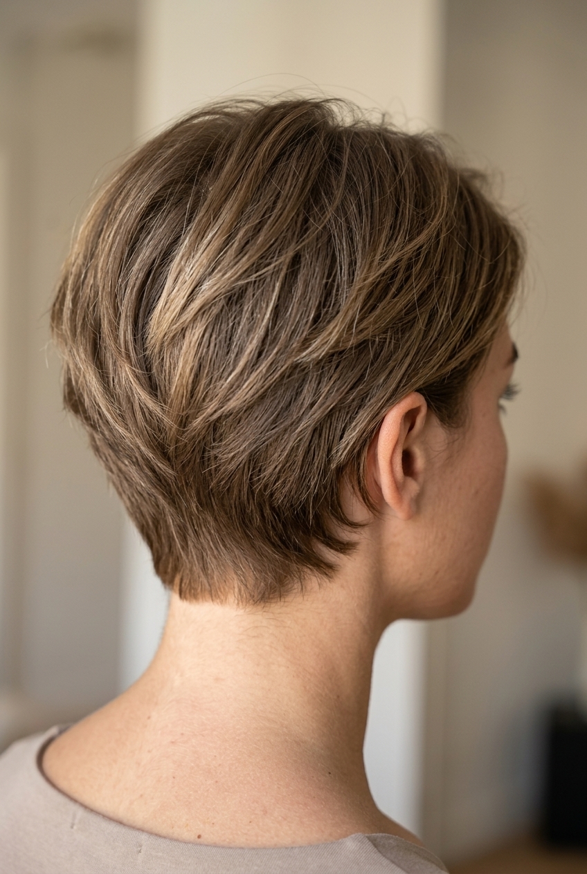 very short pixie haircut in mushroom bronde with cool beige babylights, soft wispy fringe for natural effortlessness