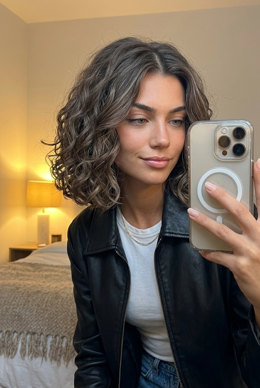 Mushroom Bronze Curly Bob 2026: Chic chin-length curly bob with mushroom bronze, ash reflects and blunt cut for chic looks