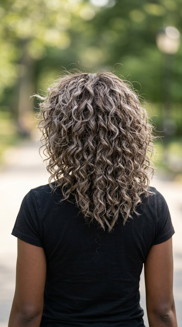 Mushroom Bronze Curly Wolf Cut 2026: Textured medium-long curly wolf cut with mushroom bronze, choppy layers and shaggy fringe for festivals