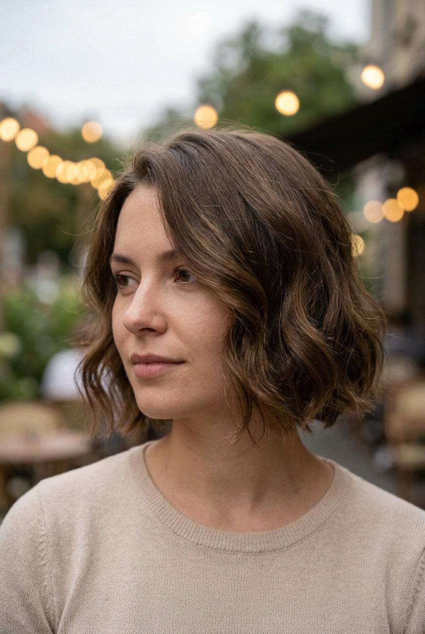 short french bob haircut with mushroom bronze & beige undertones, point-cut perimeter — romantic soft