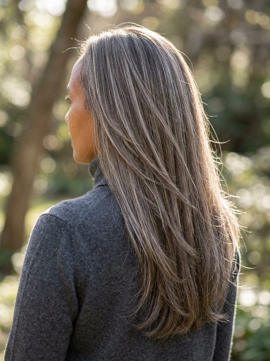 long mushroom brown haircut with ash grey highlights and seamless layers