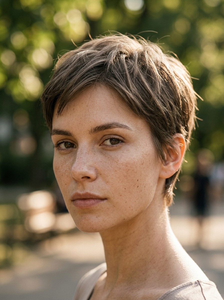 short mushroom brown pixie with ash-beige undertones and razored layers for edgy