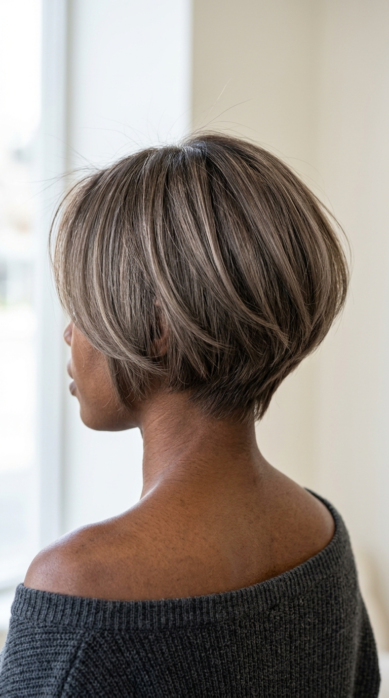 Mushroom Brunette Textured Bixie 2026 short mushroom brunette bixie haircut with ash lowlights, side-swept fringe — sophisticated, natural