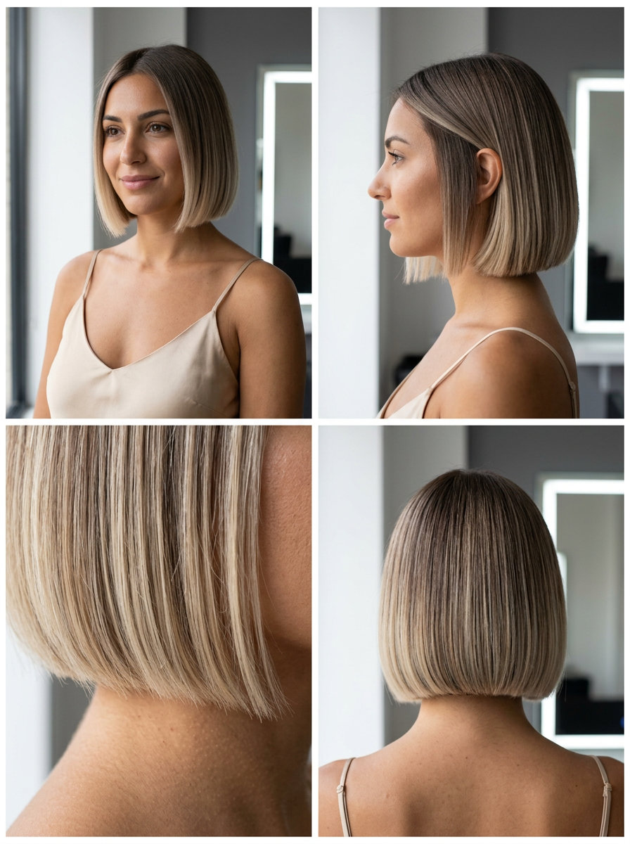 short french bob haircut with mushroom bronze & linen blonde ombré, blunt perimeter — modern bold