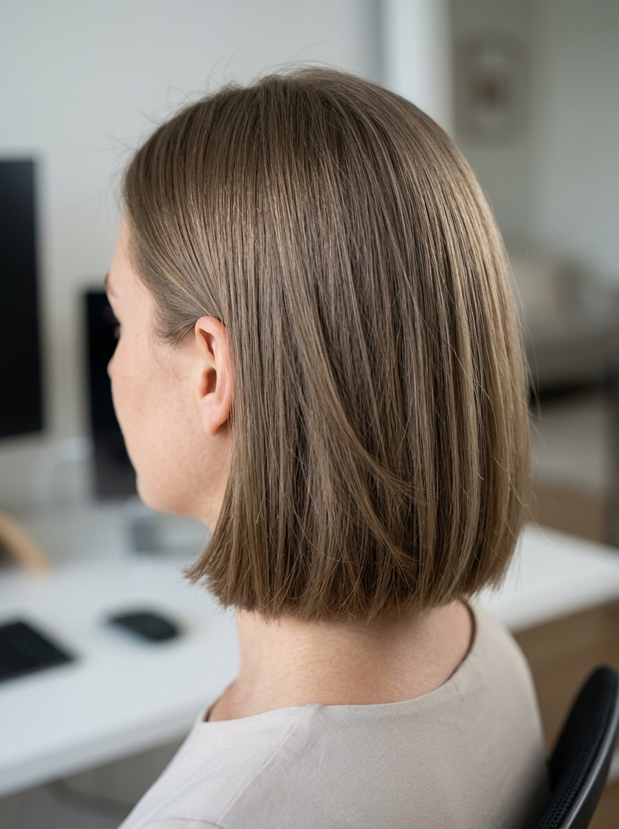 shoulder-length bob haircut with mushroom bronde and pearl babylights, subtle internal layering, face-framing layers — chic professional look