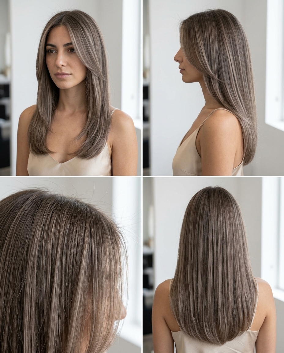 long mushroom taupe haircut with ash babylights and subtle interior layers for summer 2026