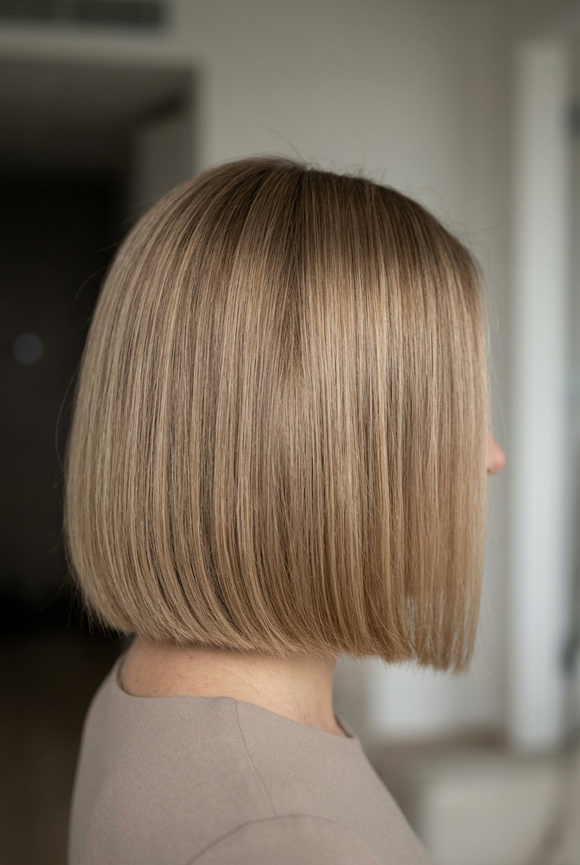 short wavy honey blonde bob with ash babylights, subtle root smudge — minimalist chic