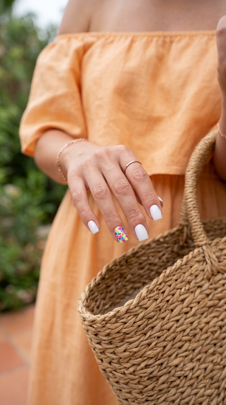Abstract Dot Party nail designs summer 2026: White base with multicolor dots on short square nails.
