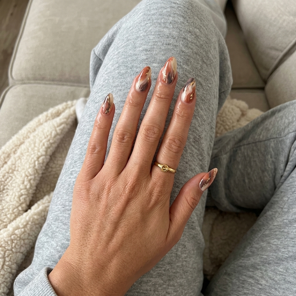 Bohemian Earth Marble nail designs summer 2026: Terracotta, cream, brown swirls with gold foil on coffin nails.