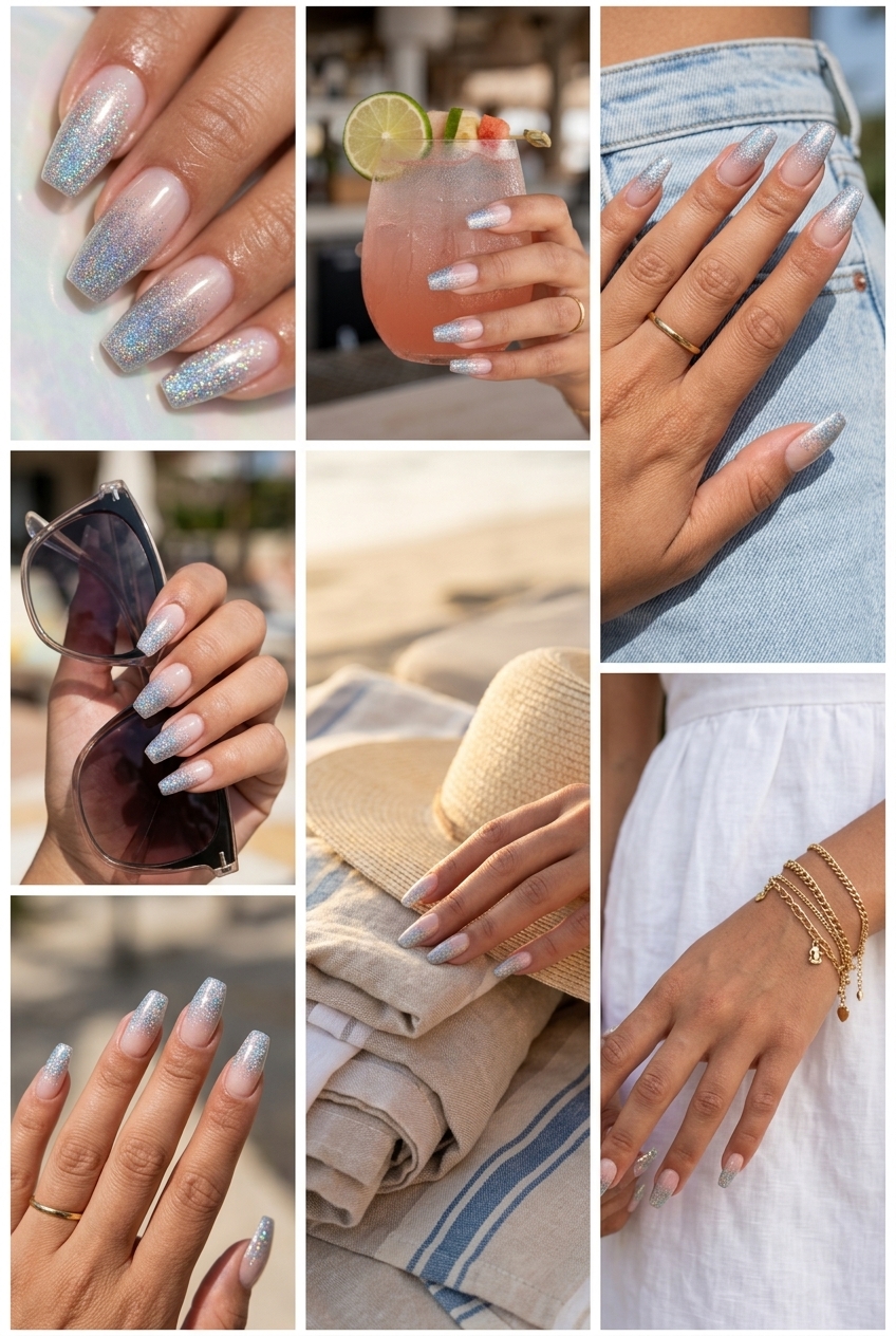 Galactic glitter gradient nail design for summer 2026, glamorous and sparkling for events.