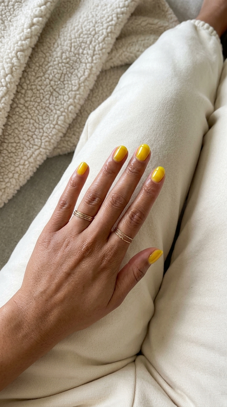 Lemonade Stained Glass nail designs summer 2026: Translucent bright yellow on short rounded nails.