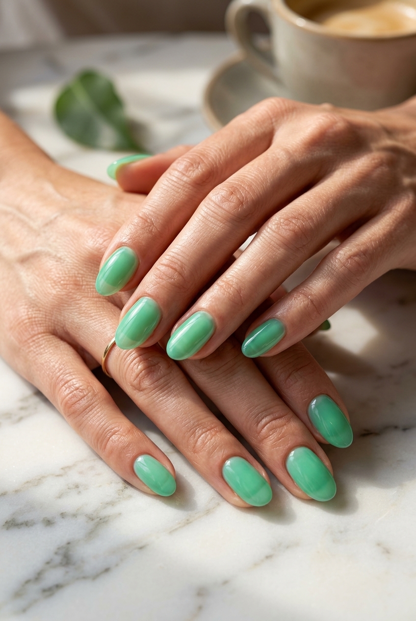 Mint green jelly oval nail design for summer 2026, refreshing and playful for vacation.