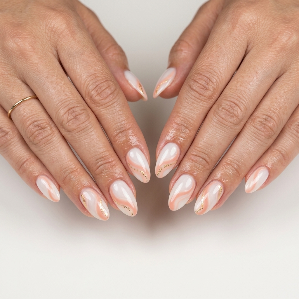 Peaches & Cream Swirl Almond Dreams nail designs summer 2026: Soft peach swirls on milky white with gold foil.