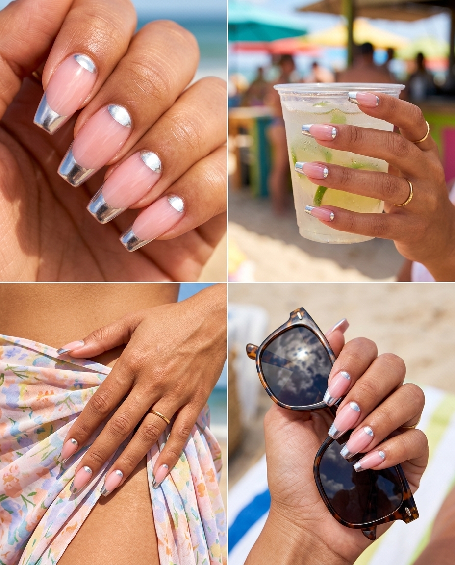 Retro Chrome Accent nail designs summer 2026: Sheer pink with silver chrome half moon.
