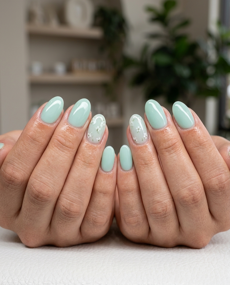 Serene Mint Bloom nail designs summer 2026: Soft mint green with embedded white floral details.
