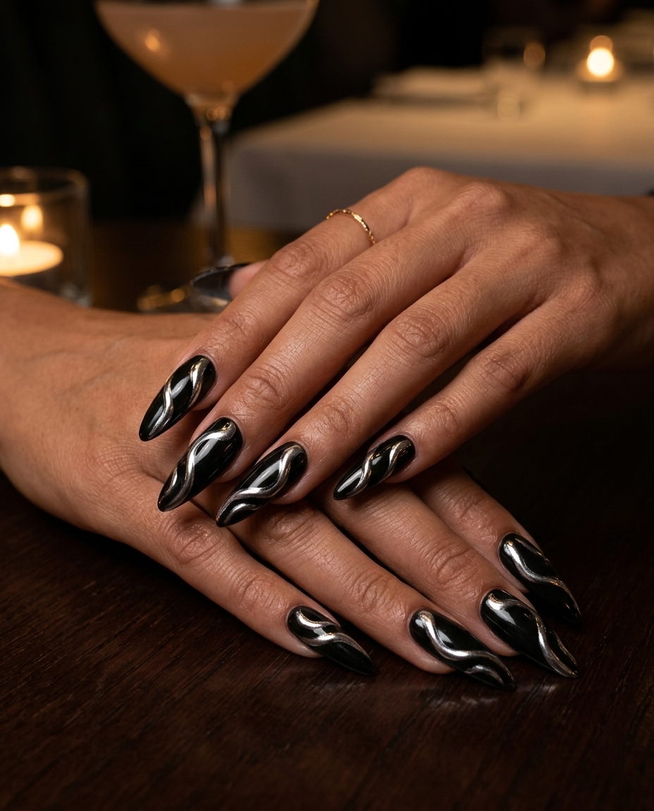 Silver chrome swirl stiletto nail design for summer 2026, edgy and bold for parties.