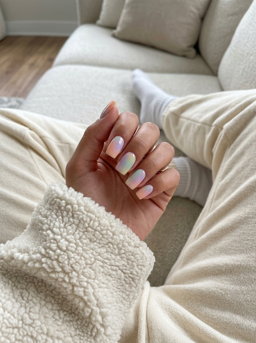 Summer Festival Aura Gradient nail designs summer 2026: Pastel rainbow hues on square nails for outdoor events.