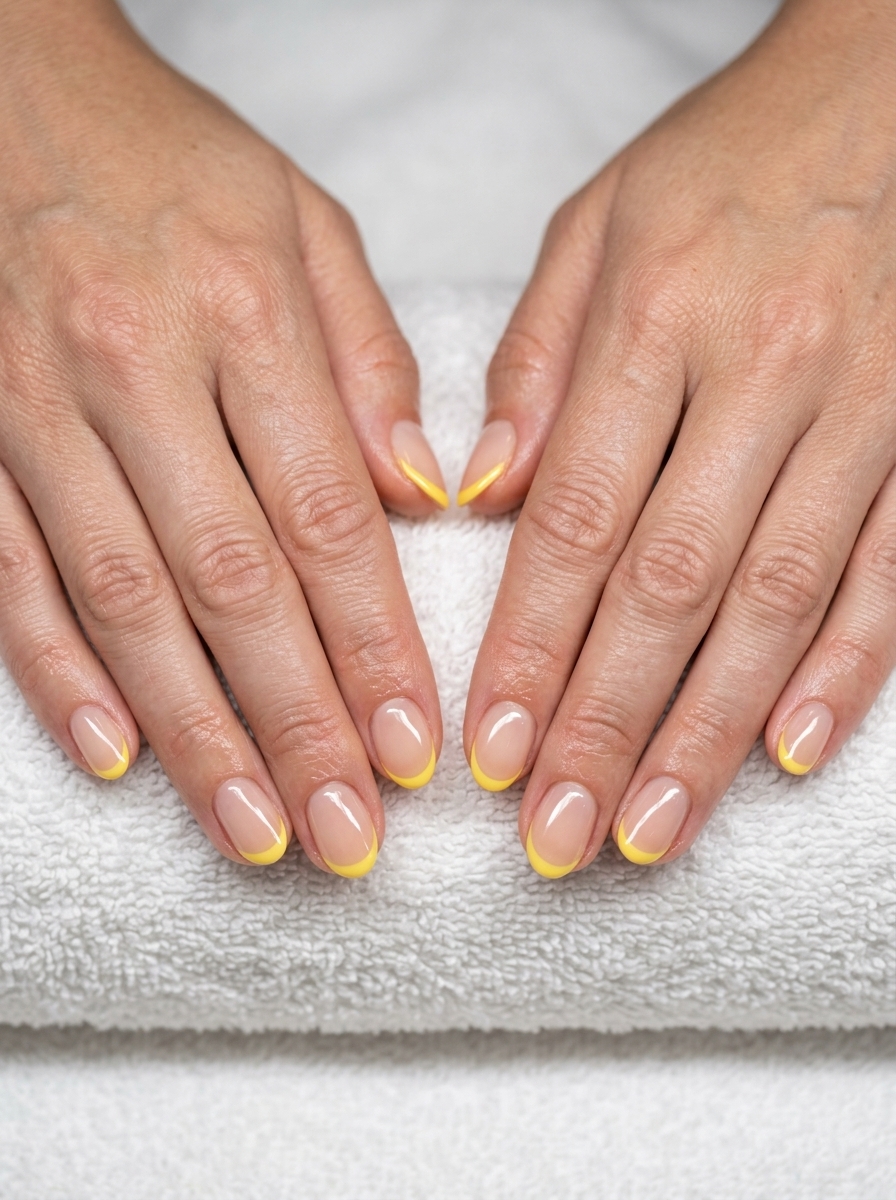Sunny Yellow Micro French Ovals nail designs summer 2026: Sheer natural base with bright yellow tips.