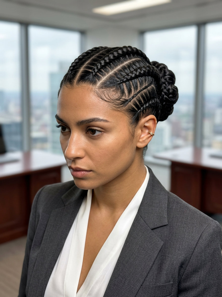 crown bun natural black cornrows with high-gloss finish, professional sleek look