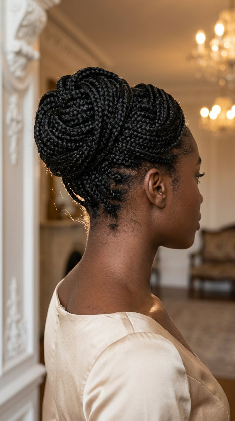 medium-length individual braids in natural black with sculptural crown updo for elegant summer look