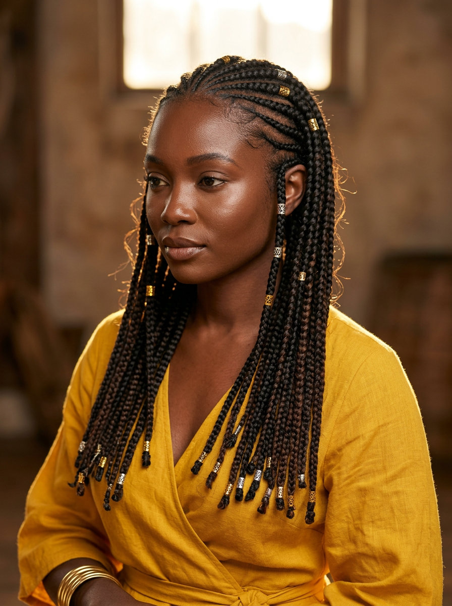 mid-back natural black Fulani braids with gold accents, ornate tribal style