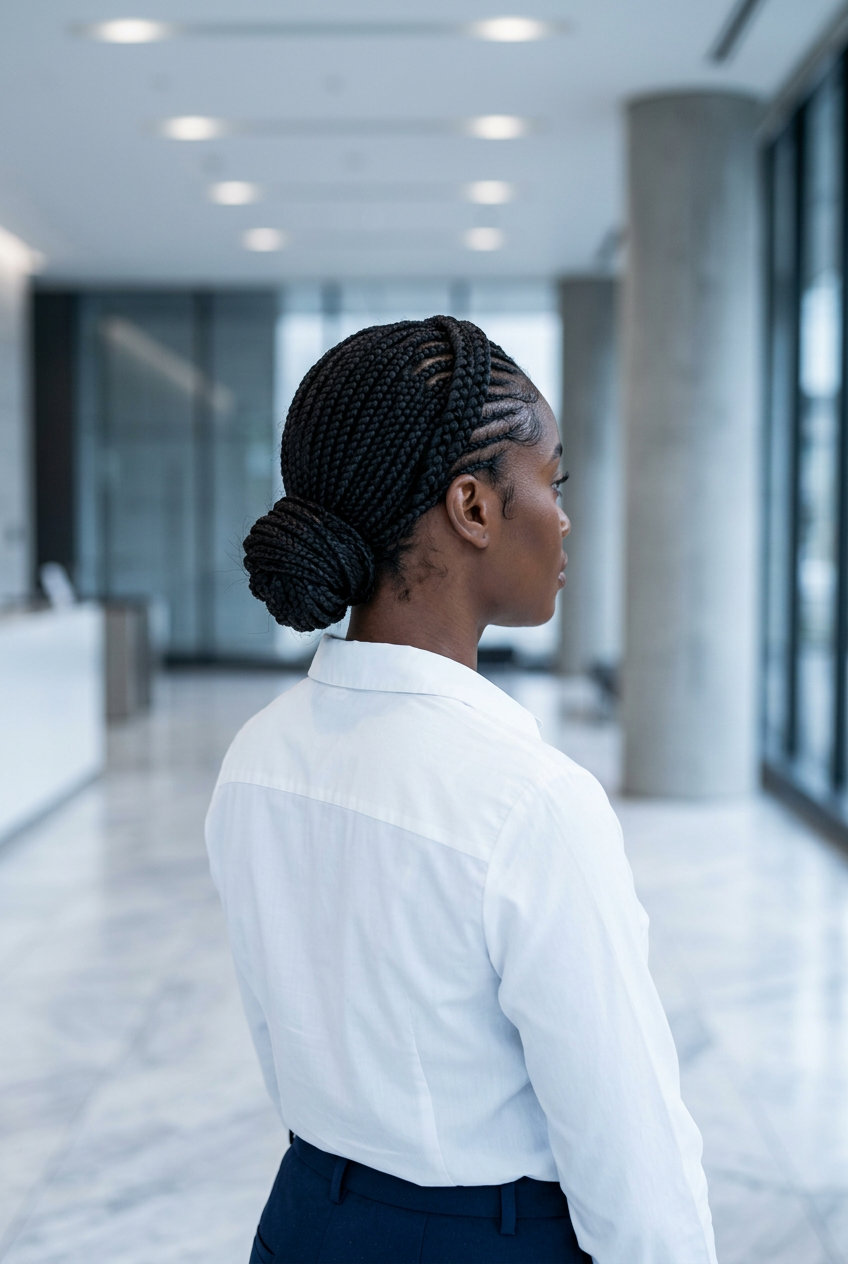 short natural black cornrow braids with subtle highlights, point-cut edges for a polished look