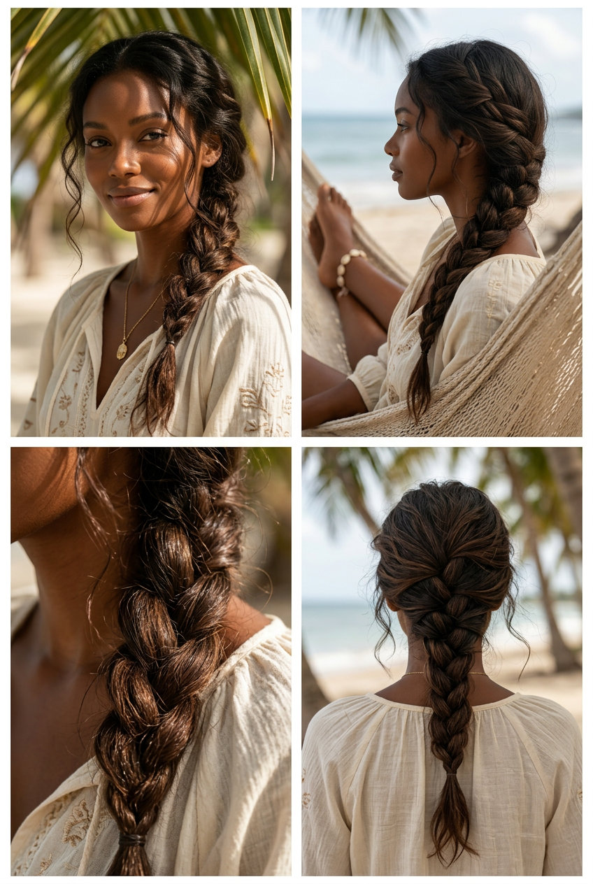 Bohemian French Braid: Effortless Summer Hairstyles 2026 long natural brown bohemian tousled French braid with sun-kissed highlights, loose texture — relaxed summer hairstyle 2026