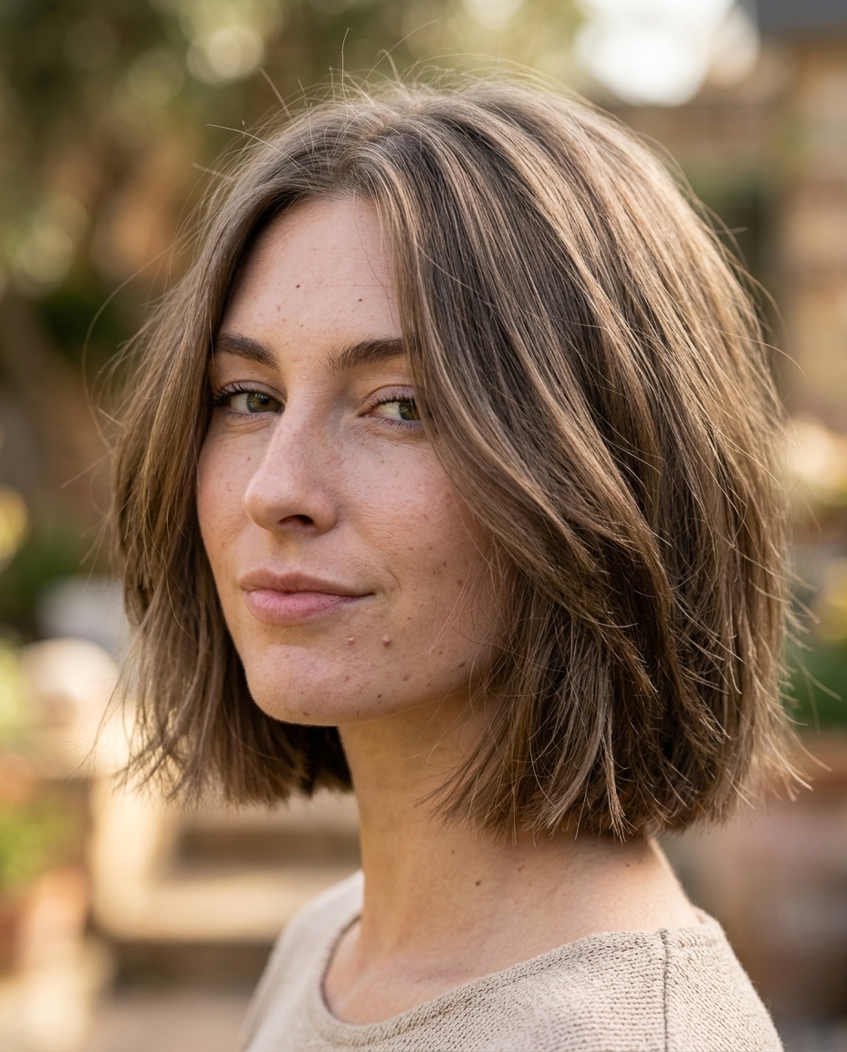 chin-length bob haircut with natural brunette color and internal layering for summer