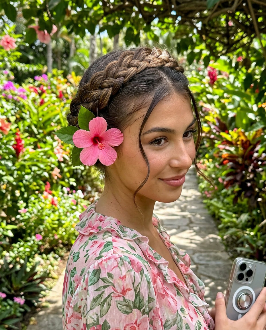 long natural brunette halo braid with flowers for whimsical summer garden party