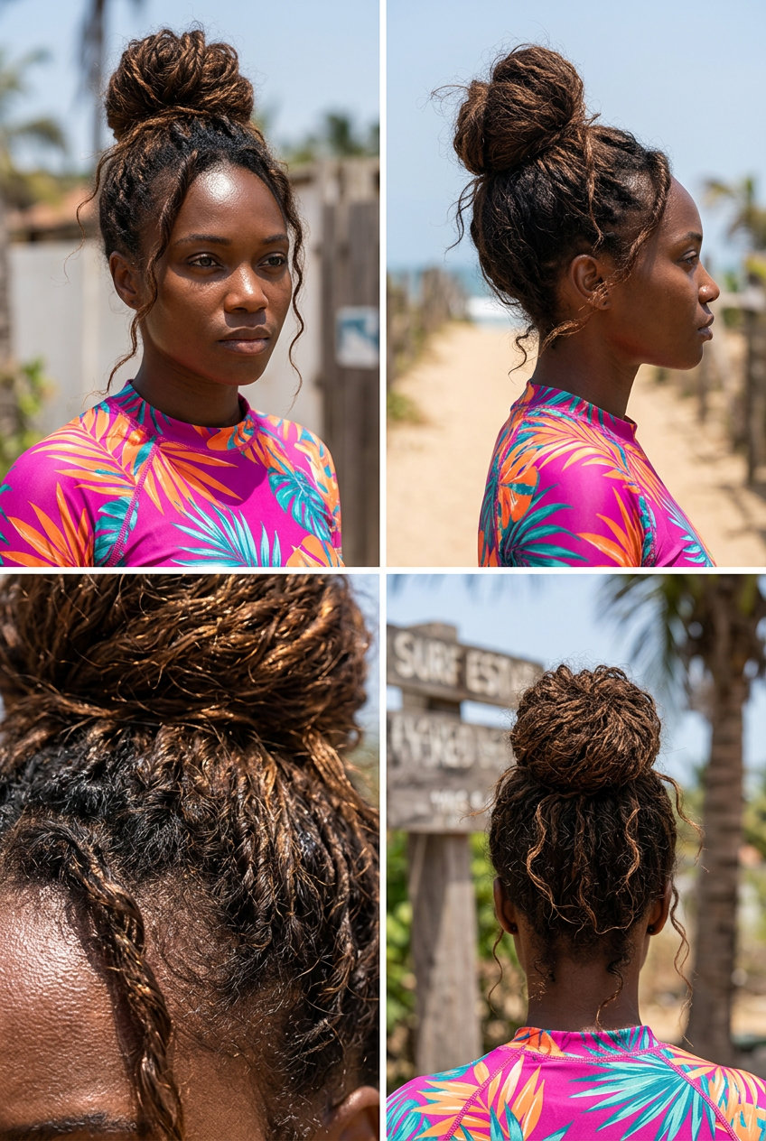 Effortless Top Knot 2026 long messy top knot with natural brunette, loose tendrils, playful mood