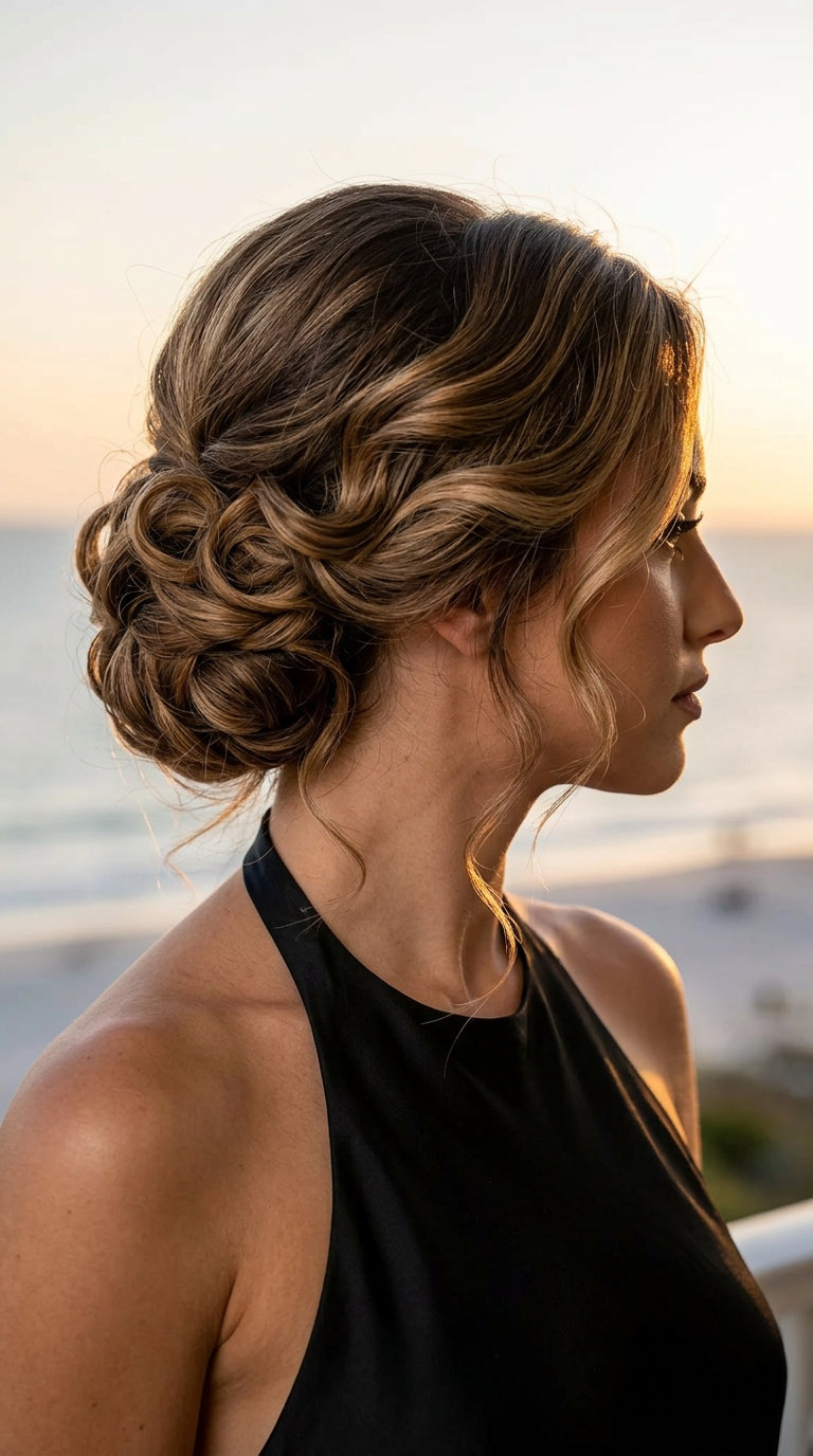 long natural brunette pin-curled updo with sculpted waves for summer formal event