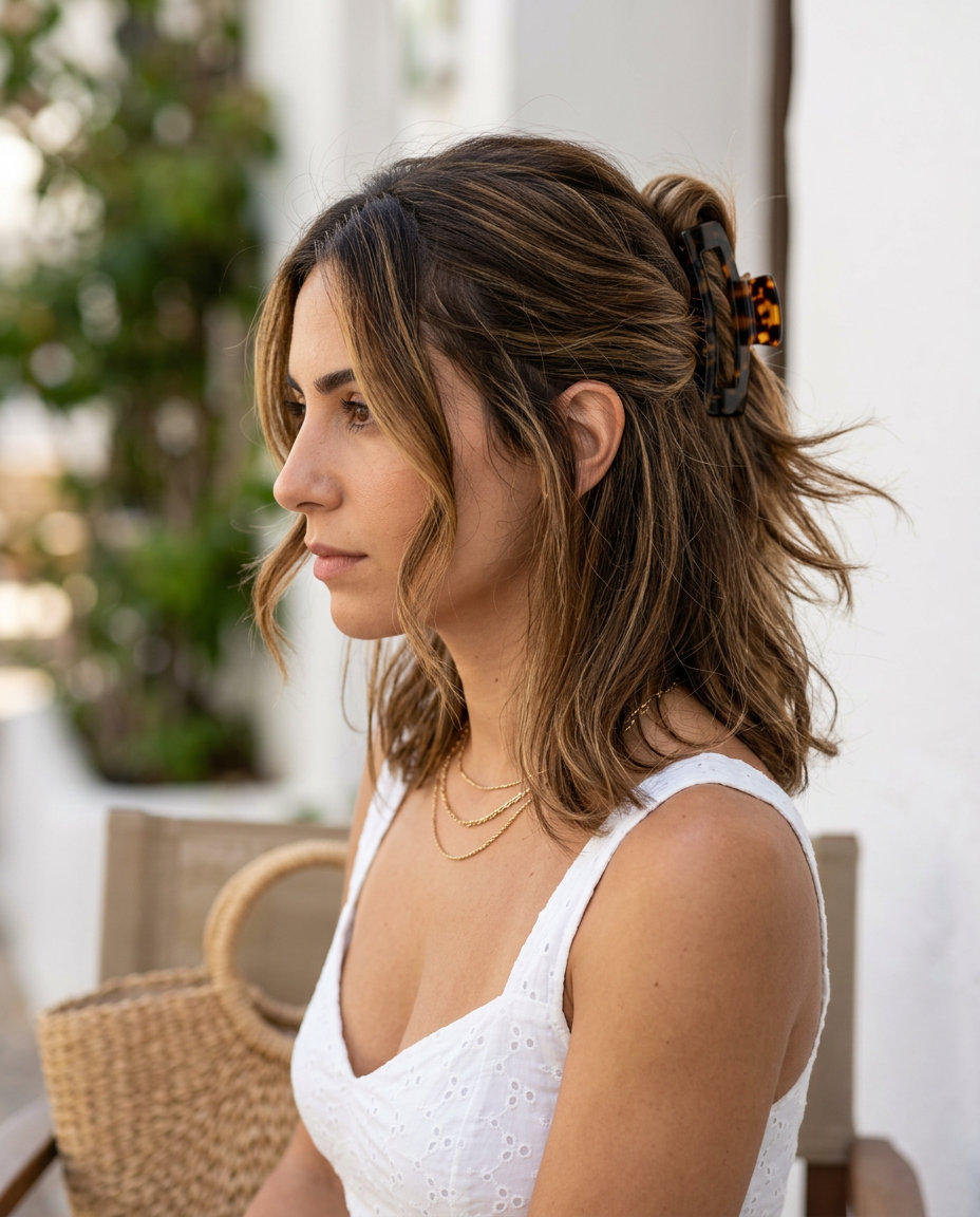 medium half-up style with natural brunette color, twisted and clipped — playful, casual