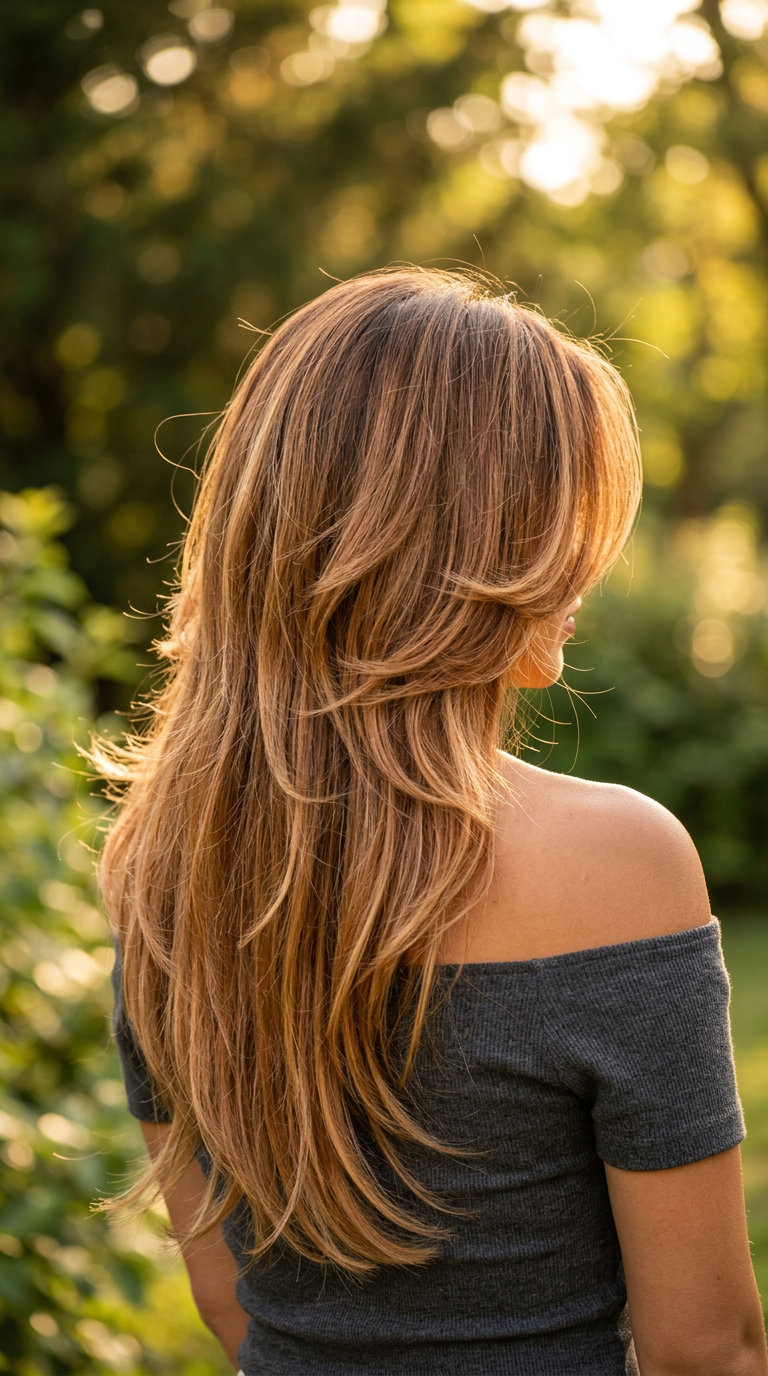 long butterfly haircut with nectarine blonde balayage highlights and face-framing layers for playful volume