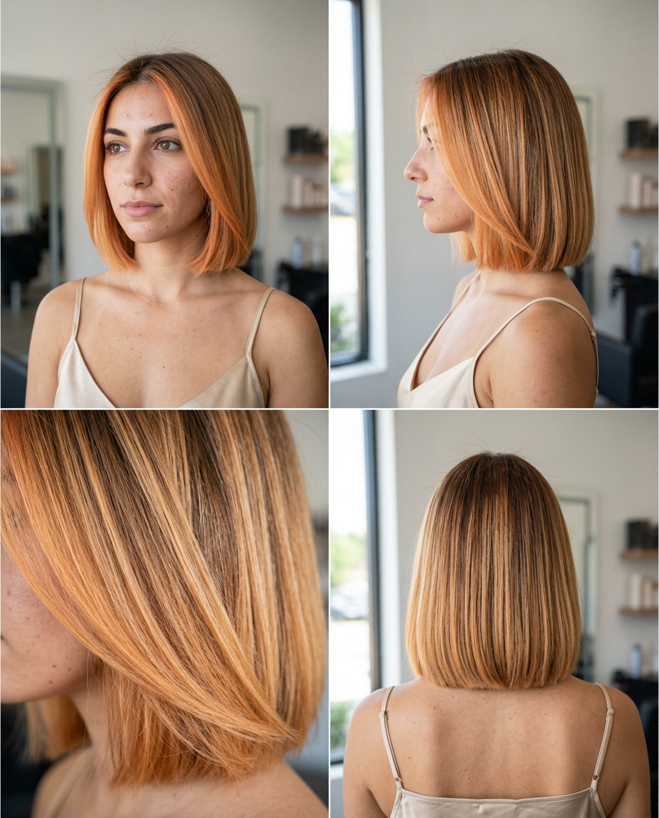 short blunt bob haircut with nectarine blonde balayage highlights and no bangs for professional playfulness