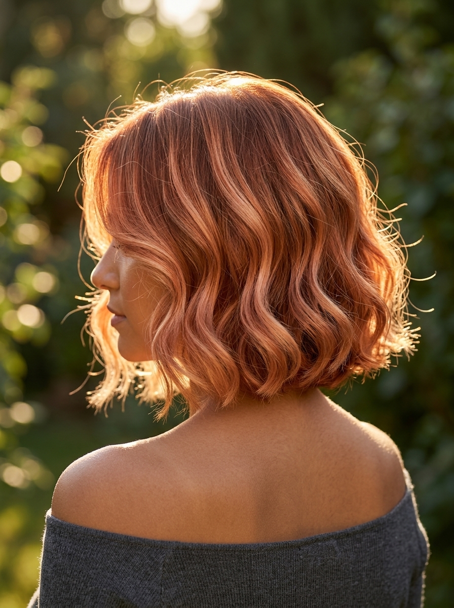 Nectarine Copper Balayage Bixie 2026 short nectarine copper balayage bixie with peachy strawberry blonde and wispy bangs for brunch