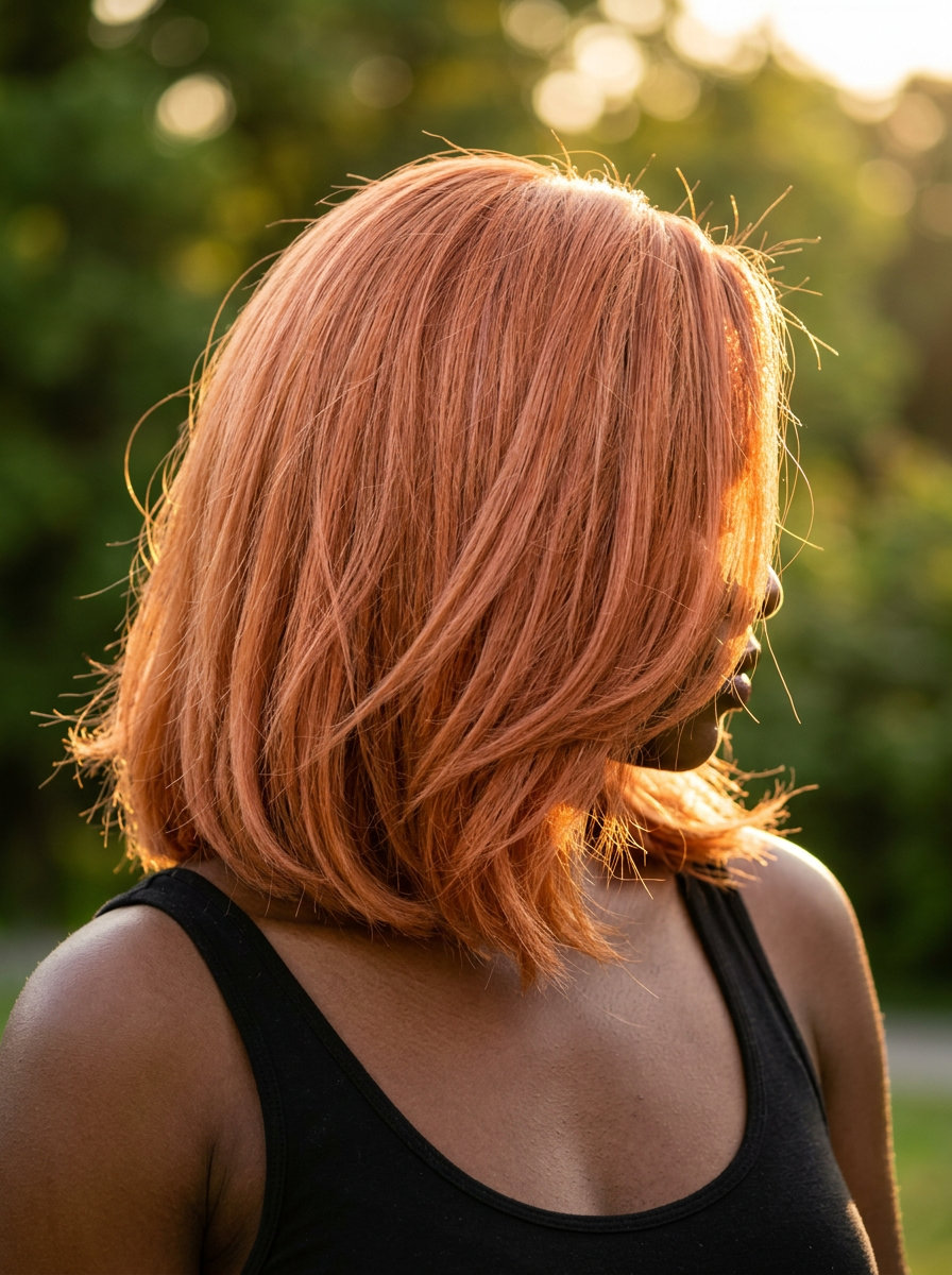medium textured nectarine copper lob with orange-pink undertones, channeling layers — playful vibrant