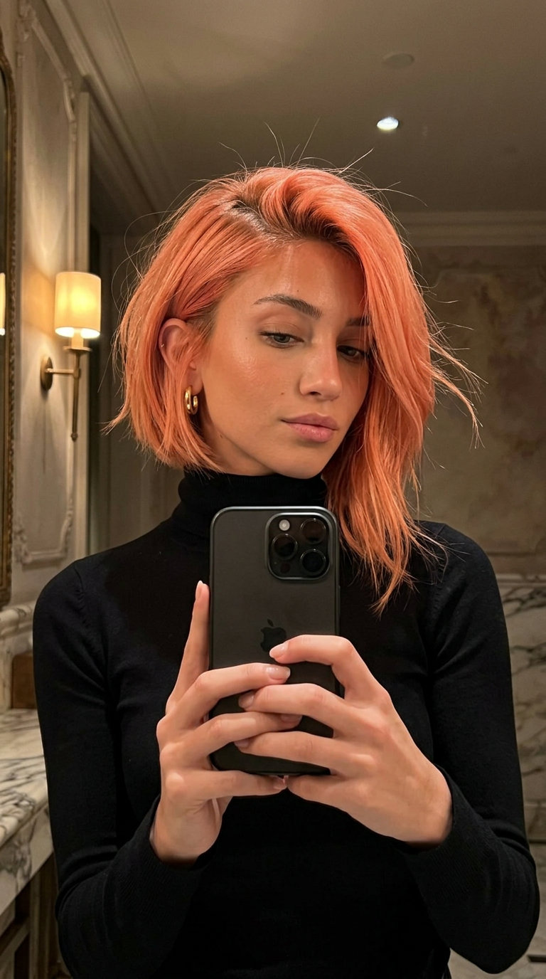 short textured asymmetrical bob with nectarine copper, point-cut edges — bold edgy