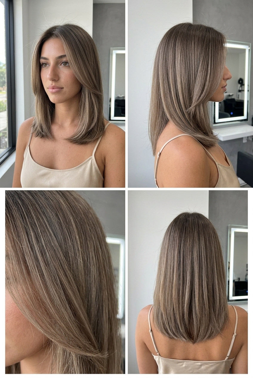 Effortless Ash Brown Root Smudge 2026 long neutral ash brown root smudge with cool beige, soft blend, no fringe — effortless weekend