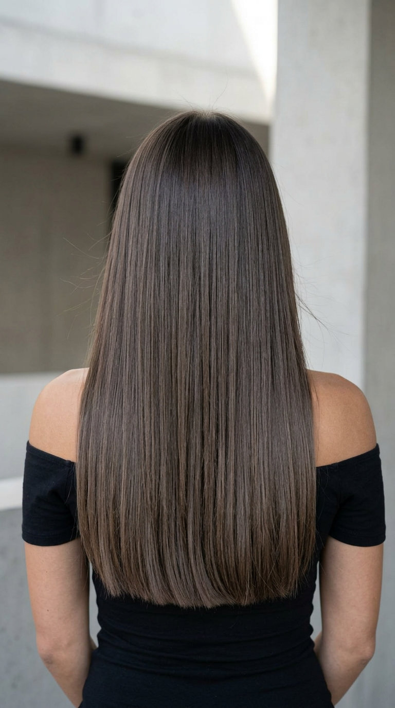 long one-length haircut with deep neutral brunette, cool ash undertones, and high gloss for business meeting