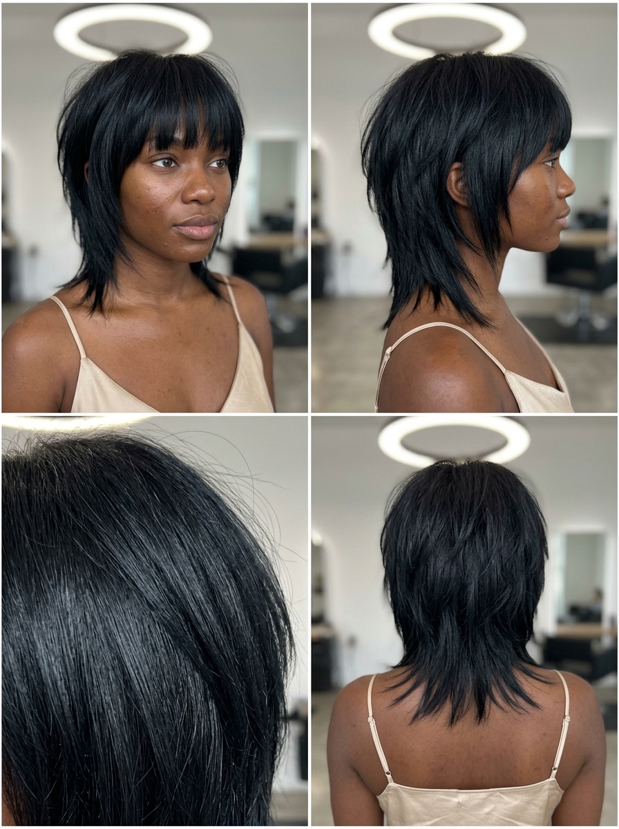 Obsidian Sculpted Shag Haircut 2026 jaw-skimming obsidian black shag with sharp layers, disconnected fringe — bold edgy