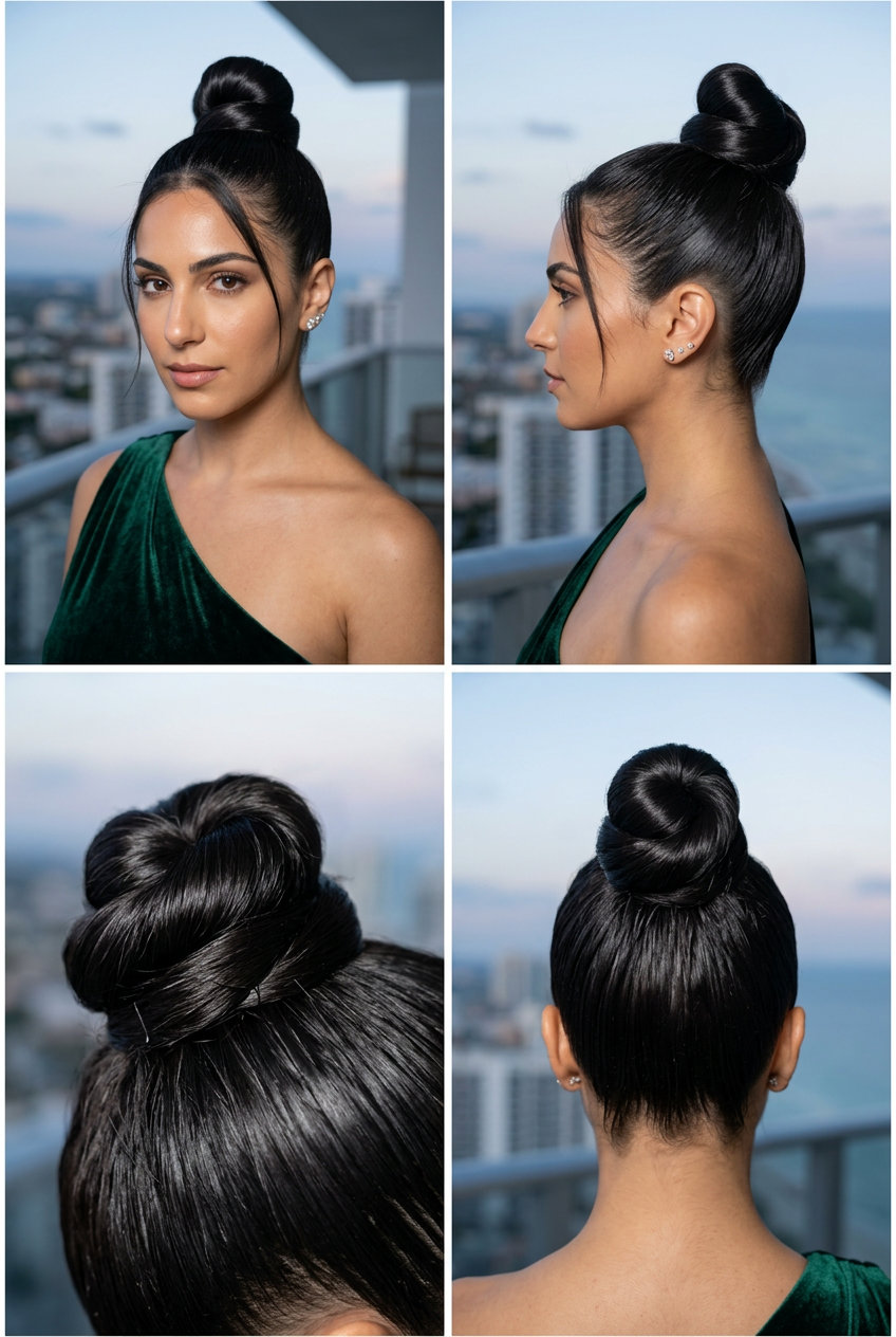 Sculpted Top Knot 2026 long uniform cut in obsidian black with high-gloss finish, subtle internal point-cutting for sculpted top knot