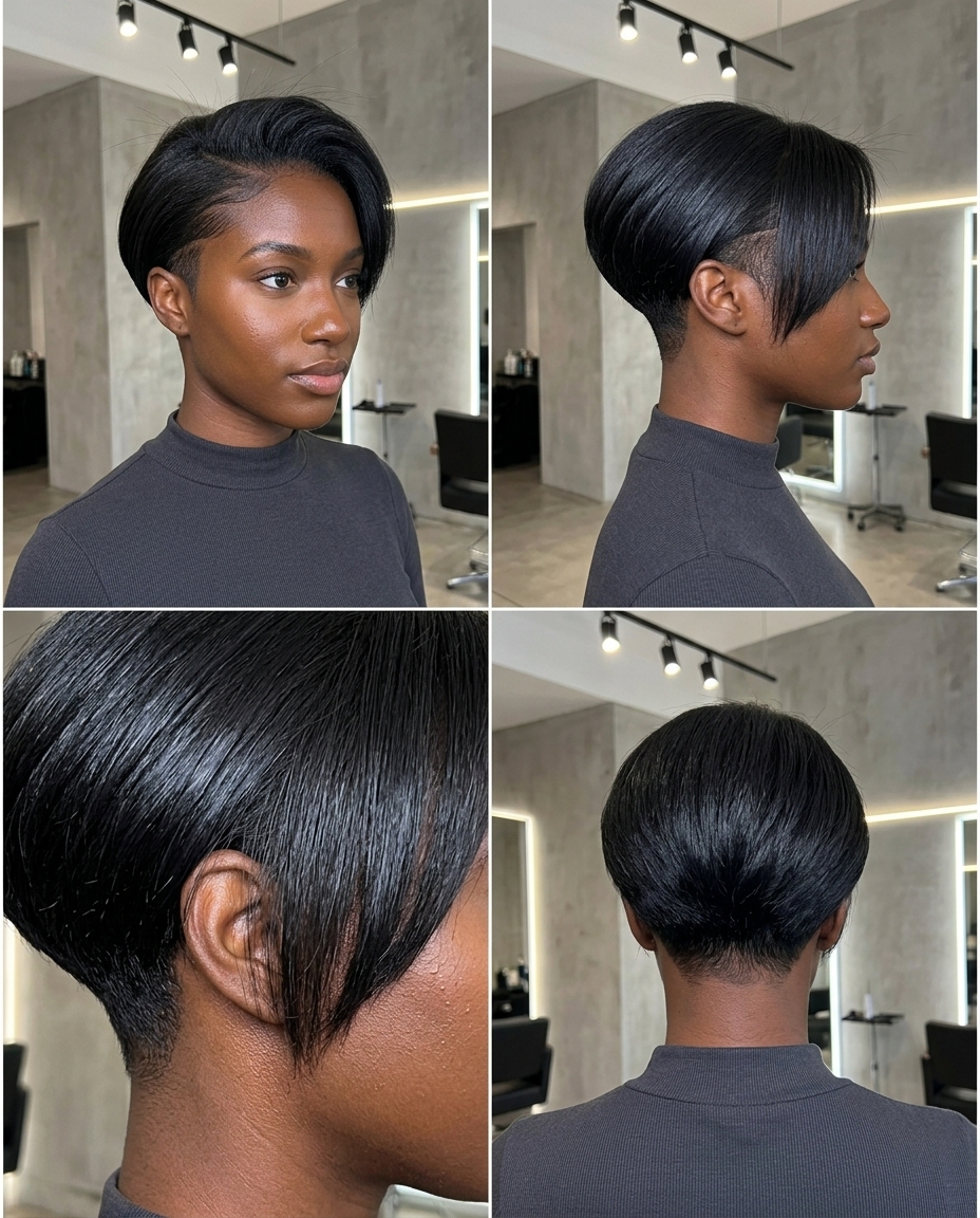 Edgy Obsidian Undercut Bixie 2026 short obsidian black bixie with undercut and blunt fringe for music festivals
