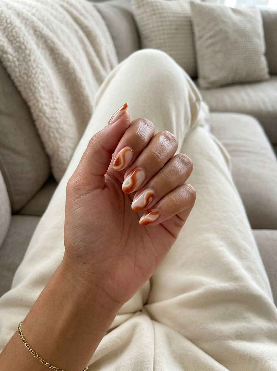 Bohemian Terracotta Swirls nails: terracotta orange and cream swirls on a nude base for a casual, artistic look. Orange summer nails 2026.