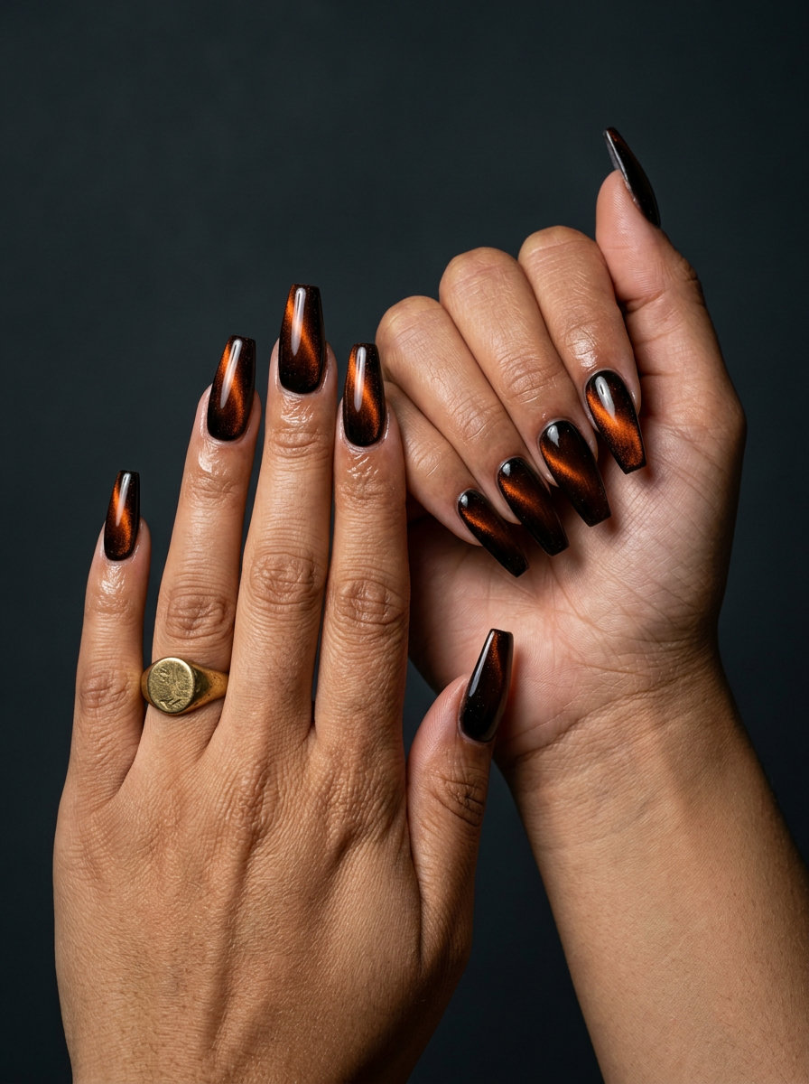 Glamorous orange summer nails 2026 with mystic burnt orange cat-eye effect on coffin nails. Date night.