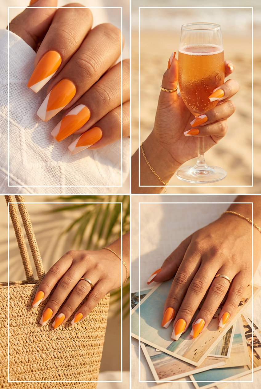 Modern color block stiletto nails in vibrant orange and black. Orange summer nails 2026.
