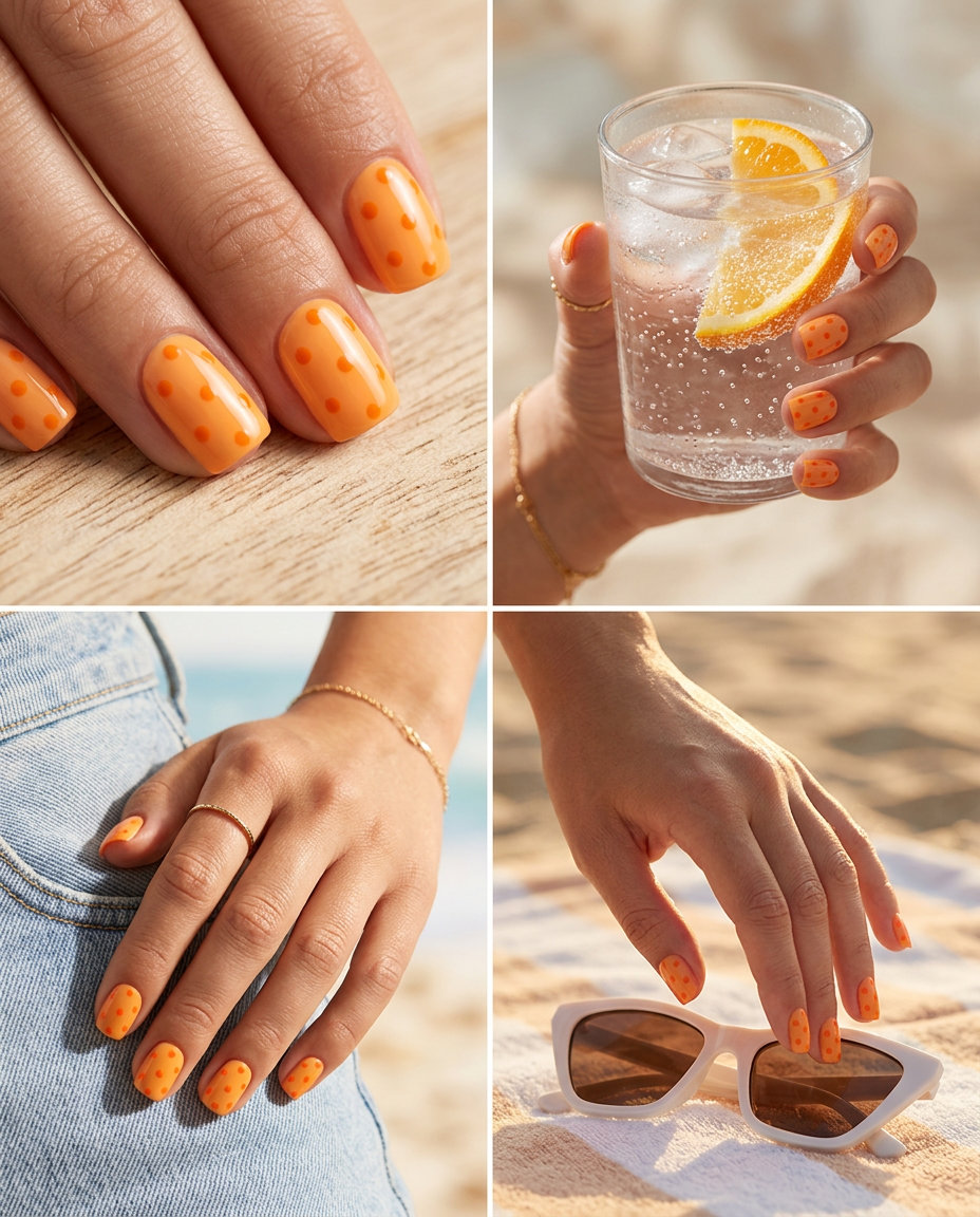 Citrus Dot Play nails: vibrant orange dots on a sheer nude base for a playful, minimalist look. Orange summer nails 2026.